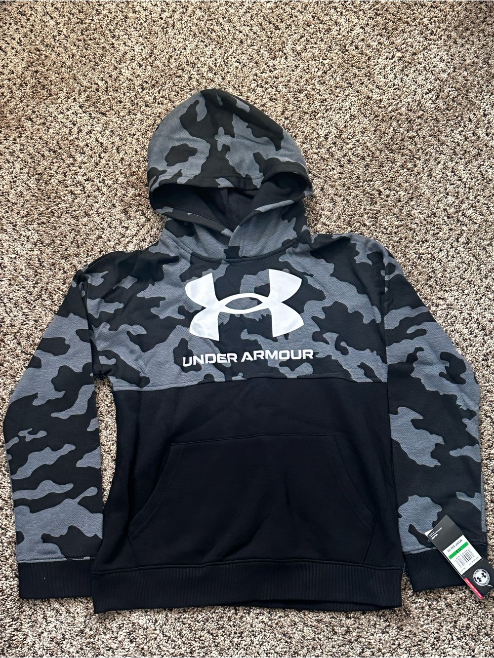 Under Armour Boys Camo Rival Fleece Hoodie Black Gray YLG NWT